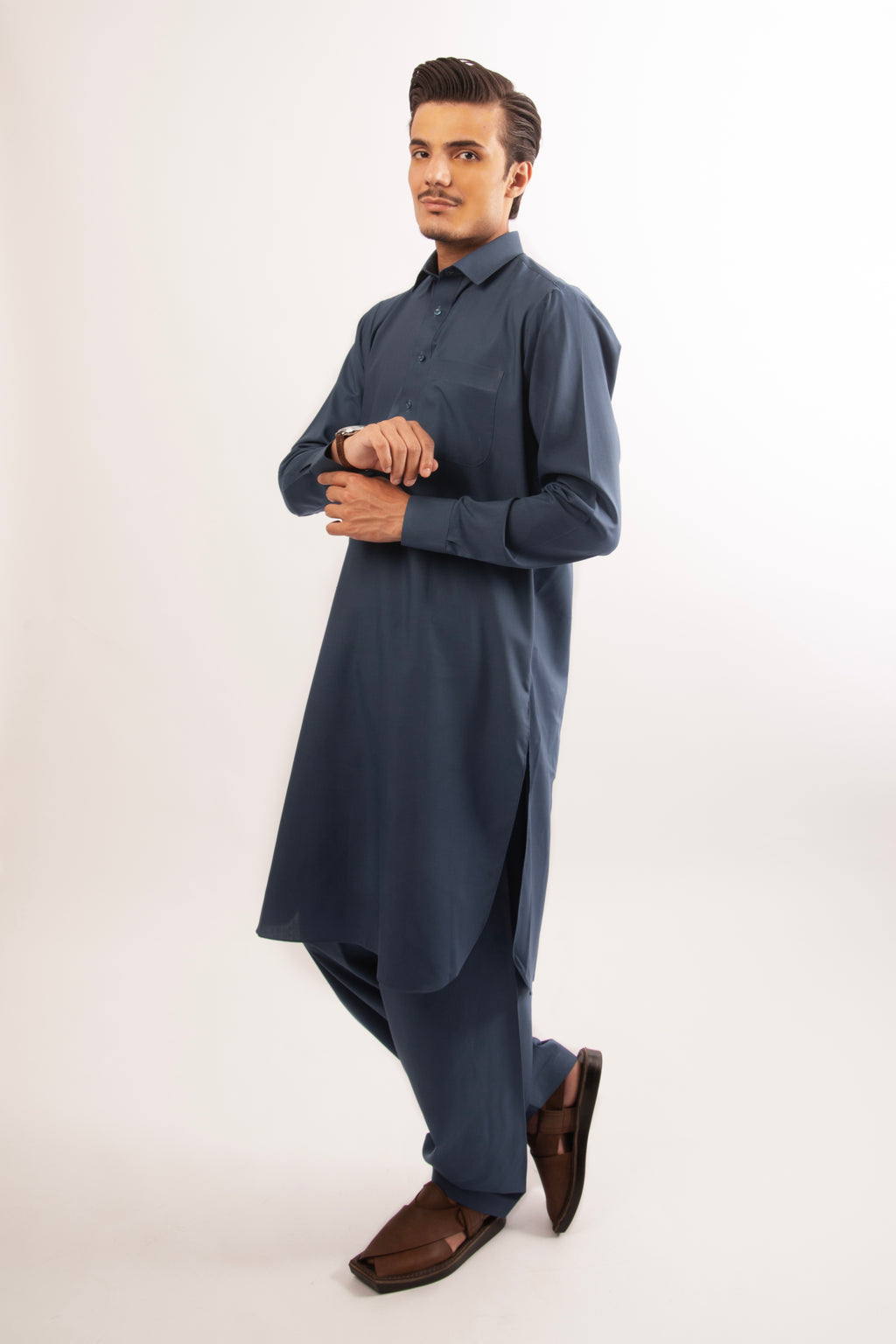 French Blue Shirt-Collar Shalwar Kameez