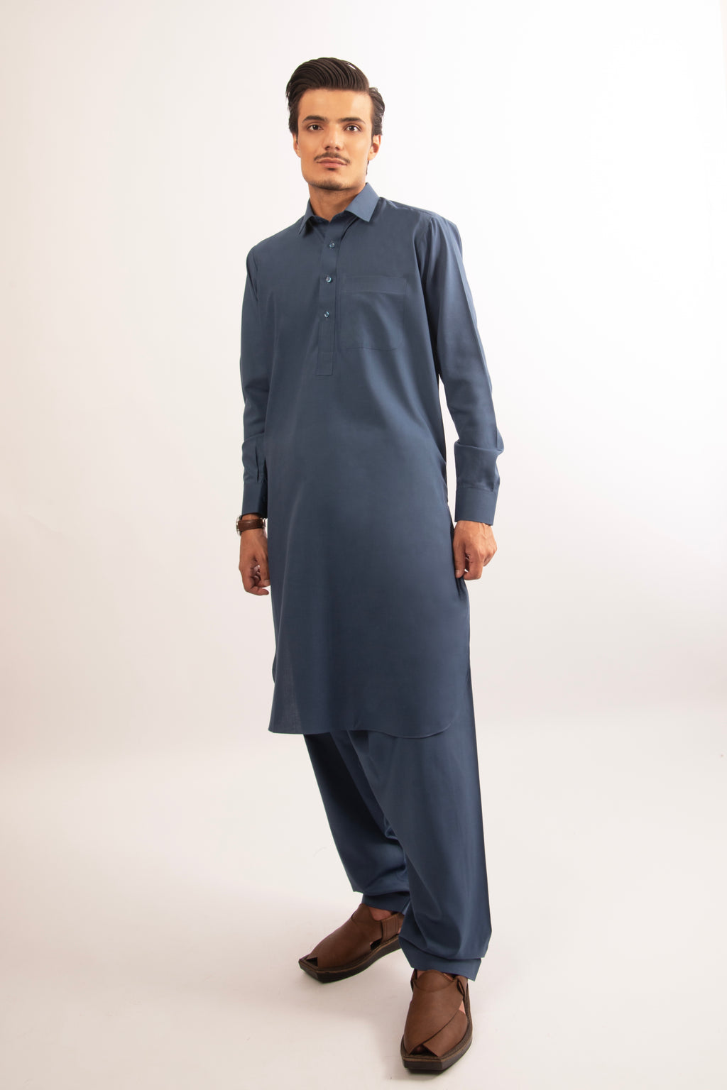 French Blue Shirt-Collar Shalwar Kameez