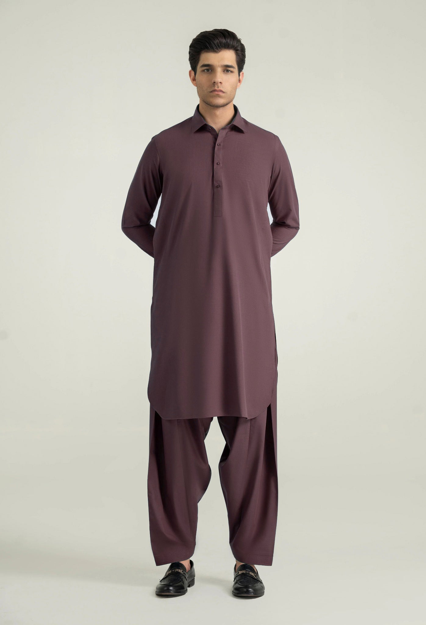 Plum Shalwar Kameez with Shirt Collar