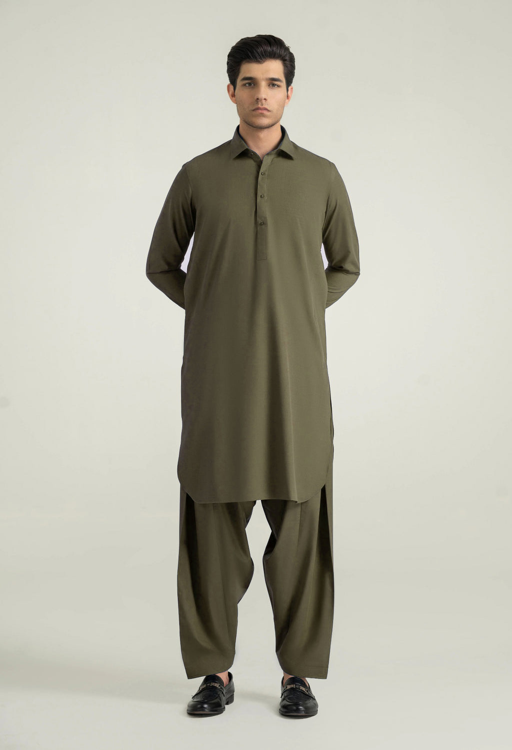Olive Green Shalwar Kameez with Shirt Collar