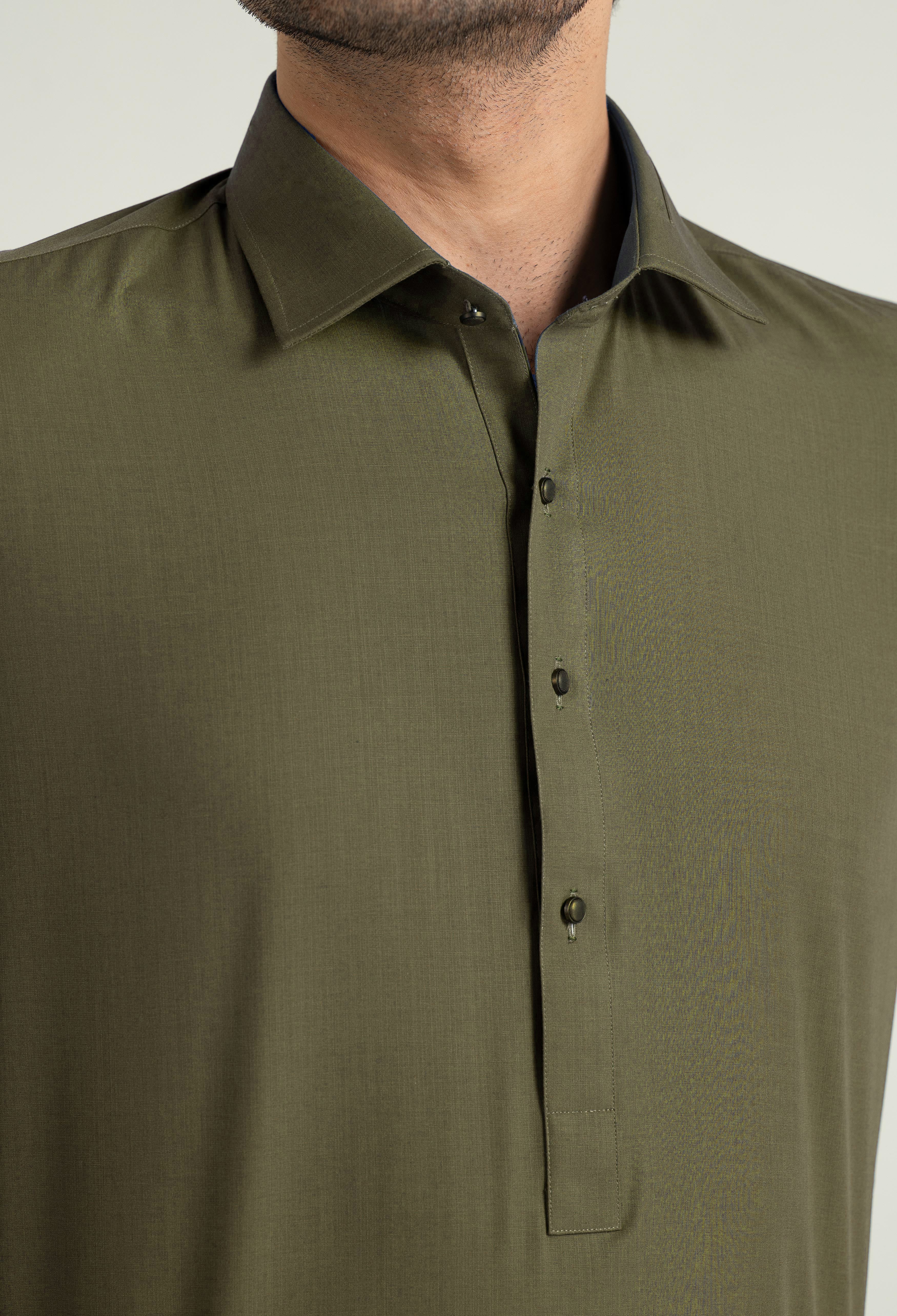 Olive Green Shalwar Kameez with Shirt Collar