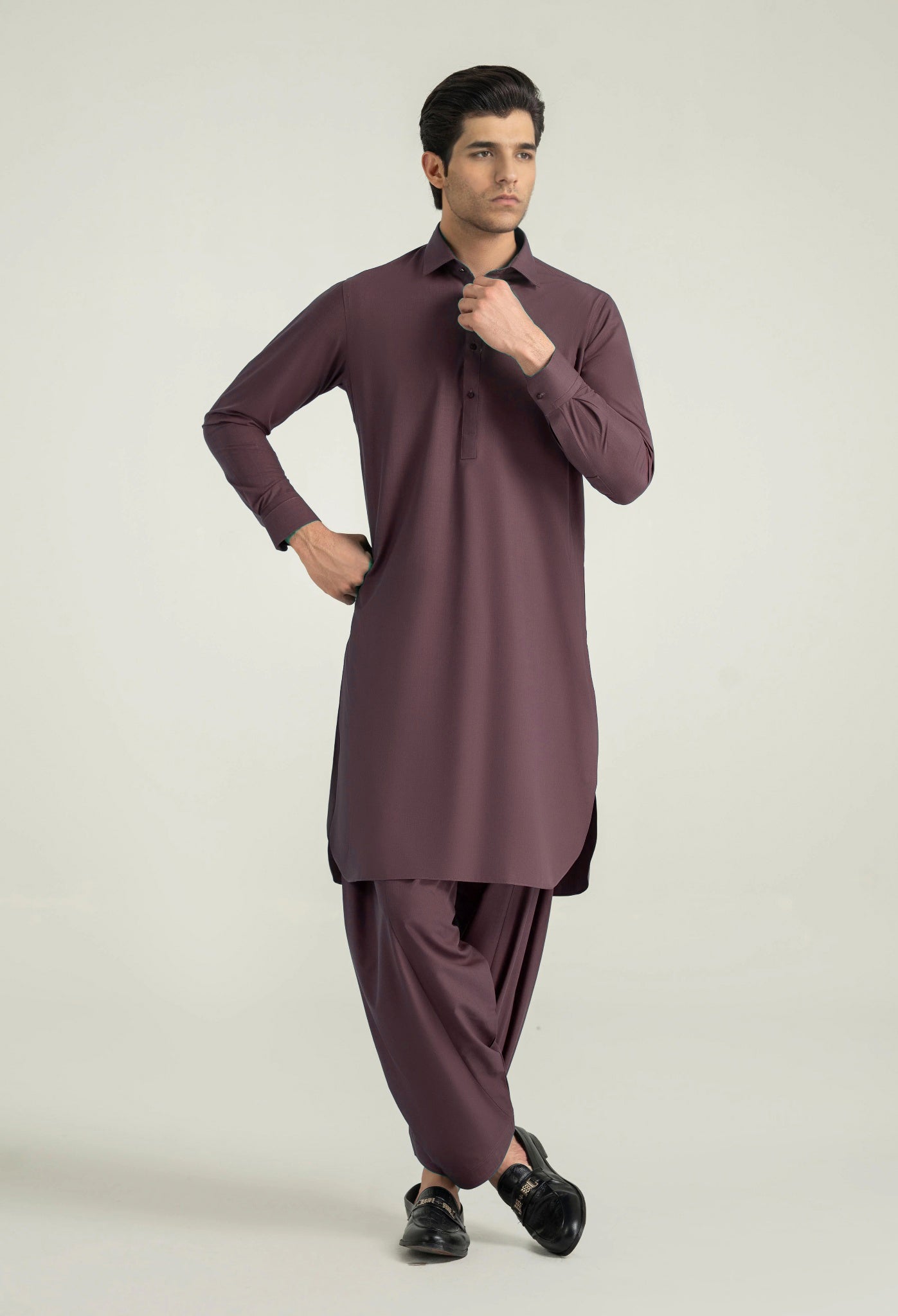 Plum Shalwar Kameez with Shirt Collar