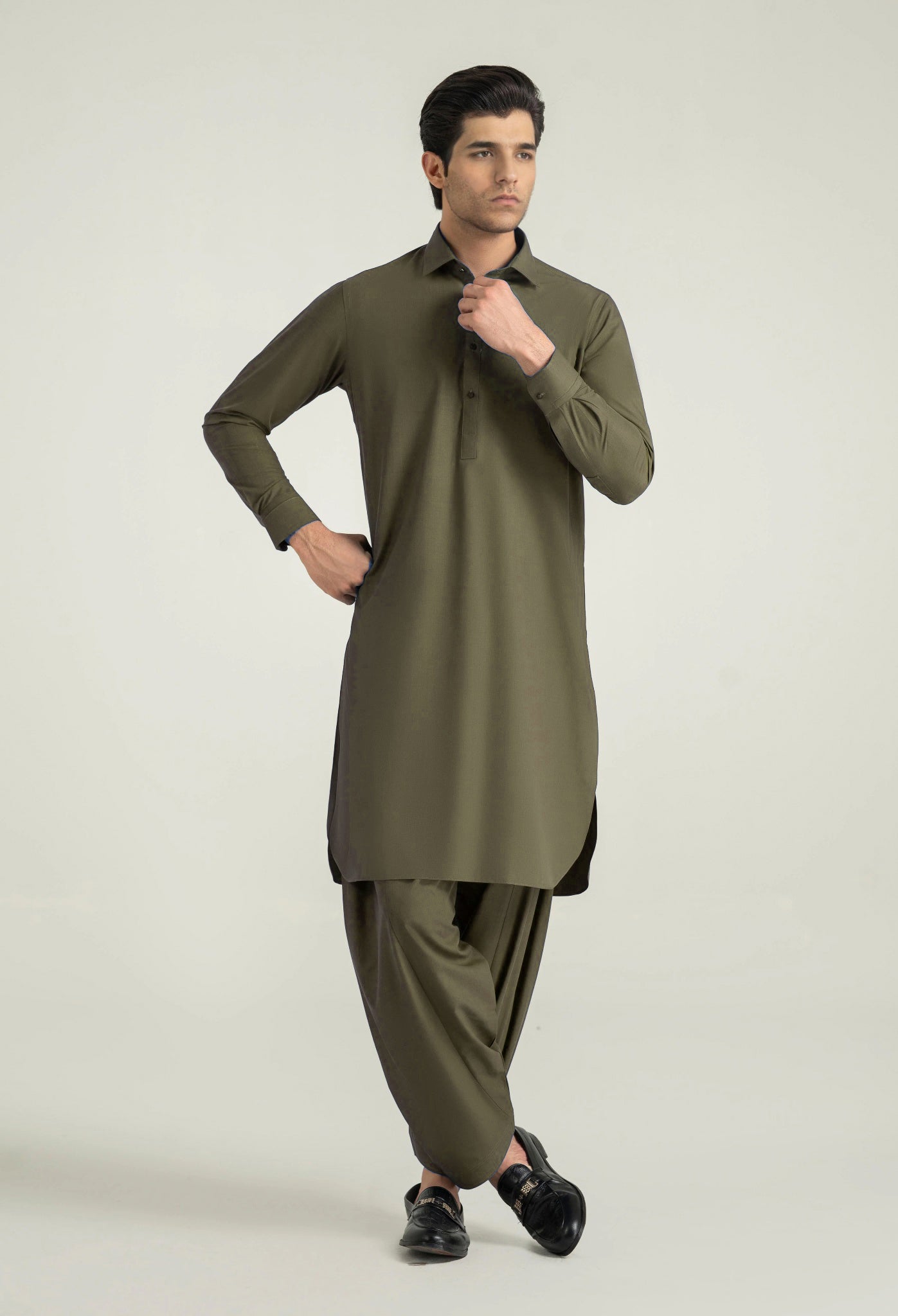Olive Green Shalwar Kameez with Shirt Collar