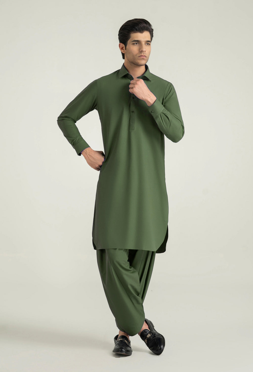 Green Shalwar Kameez with Shirt Collar