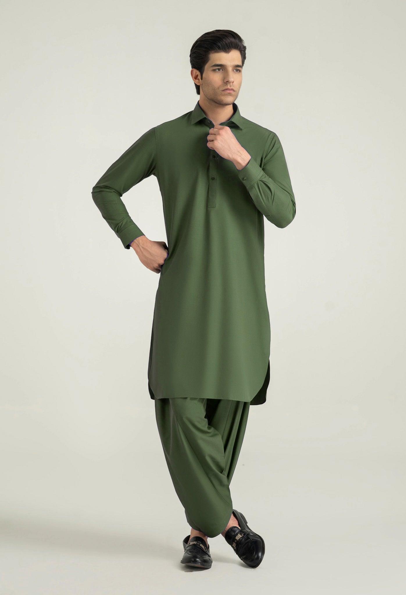Green Shalwar Kameez with Shirt Collar