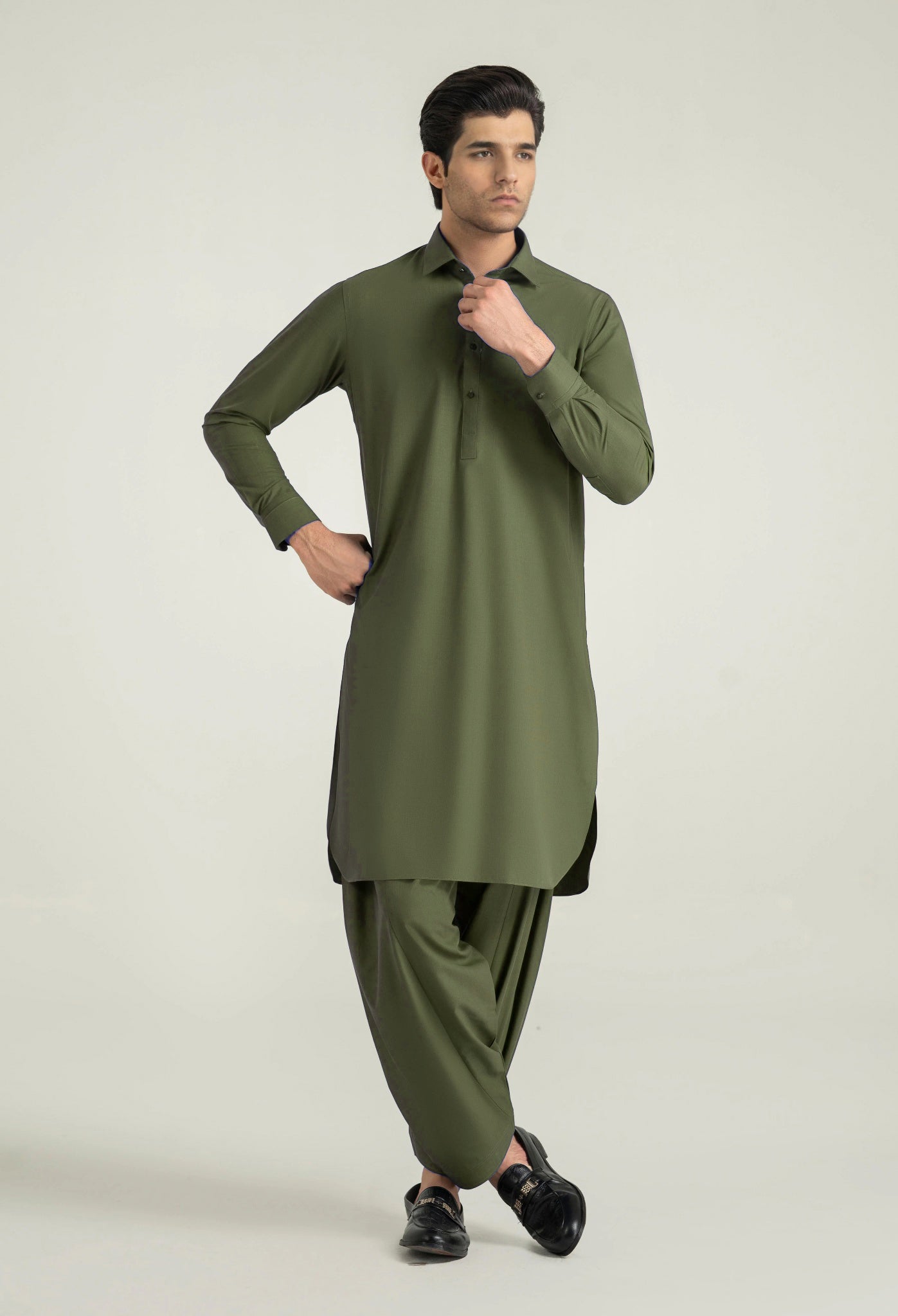 Sage Green Shalwar Kameez with Shirt Collar