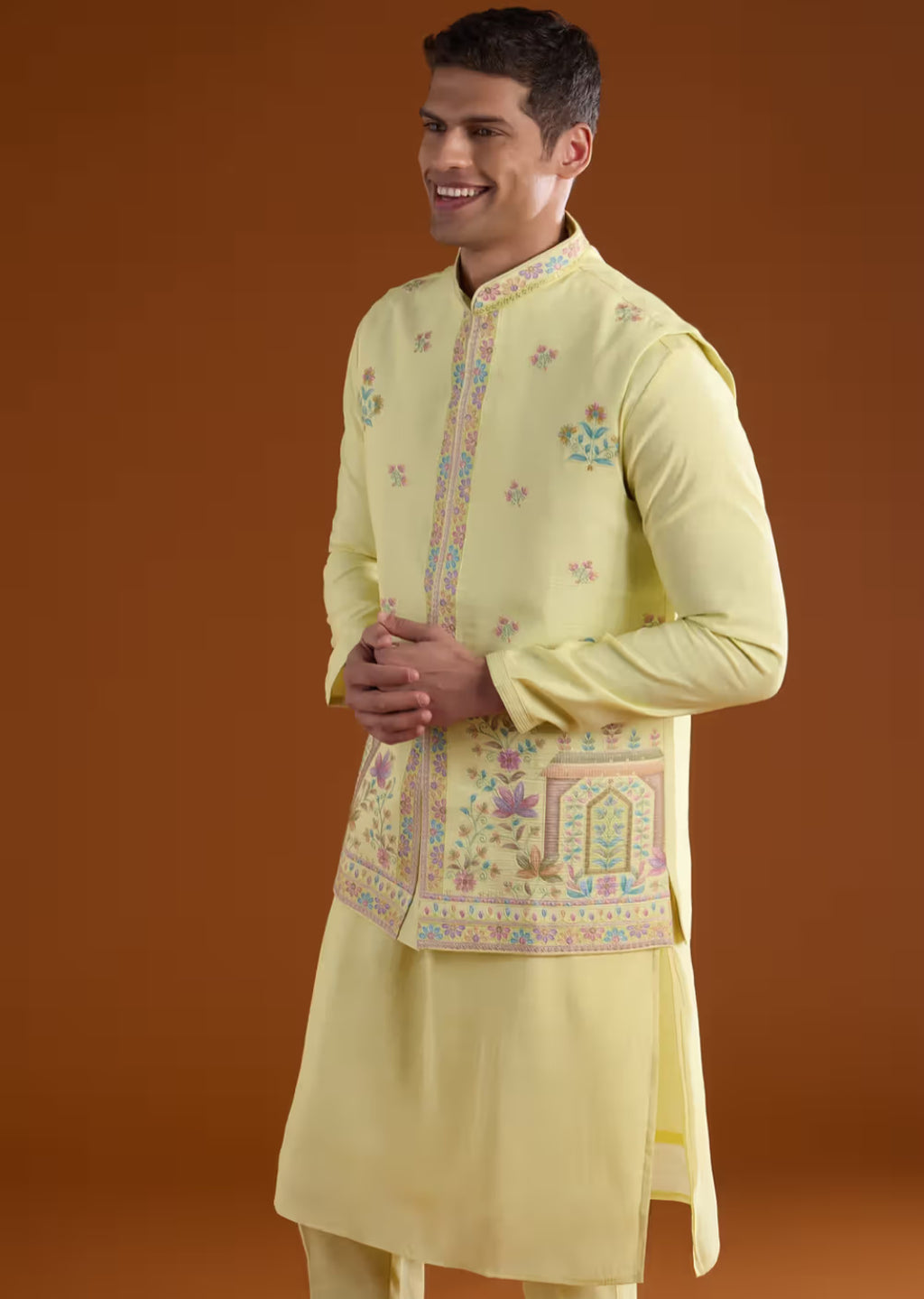 Lemon Yellow Embroidered Kurta Shalwar with Matching Waistcoat