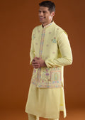 Lemon Yellow Embroidered Kurta Shalwar with Matching Waistcoat
