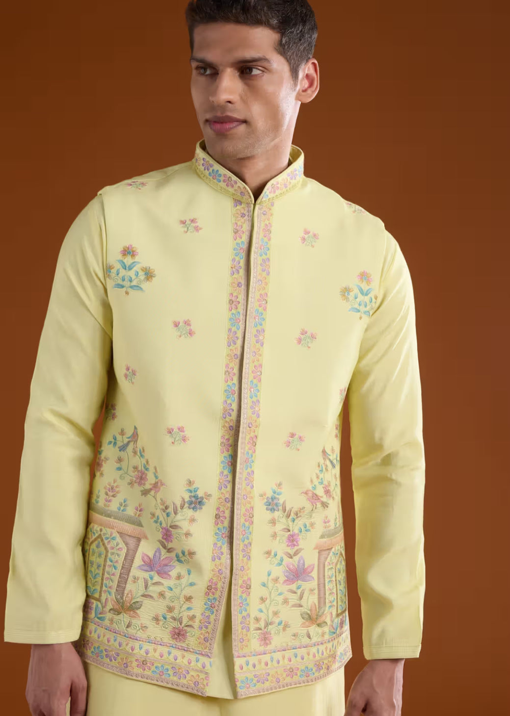 Lemon Yellow Embroidered Kurta Shalwar with Matching Waistcoat